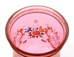 Rózsaszín üveg pohár, Formába fújt, kézzel festett,  kopásokkal, 10 cm