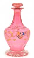 Rózsaszín üveg kiöntő, Formába fújt, kézzel festett, kopásokkal, 23 cm