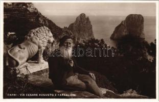 Capri, Via Cesare Augusto e Faraglioni / street view, old man with pipe. Ed. V. Carcavallo N. 177.