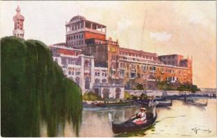 Venezia, Venice; Lido, Grand Hotel Excelsior, Riva dapprodo / hotel, canal. A. Scrocchi 2712-9. artist signed