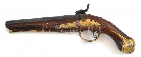 Díszes fa-fém replika pisztoly, enyhén kopottas állapotban, A*MOR felirattal h: 27 cm