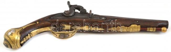 Díszes fa-fém replika pisztoly, enyhén kopottas állapotban, A*MOR felirattal h: 27 cm