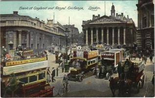 London, Bank of England and Royal Exchange, double-decker buses, autobus, automobile, horse-drawn carriages, bicycle (EB)