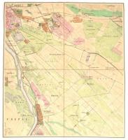 cca 1873 Umgebung von Pest Ofen, 4 szelvényből álló, színezett rézmetszetű térkép, vászonra kasírozv...