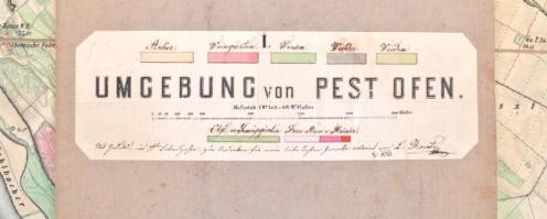 cca 1873 Umgebung von Pest Ofen, 4 szelvényből álló, színezett rézmetszetű térkép, vászonra kasírozv...