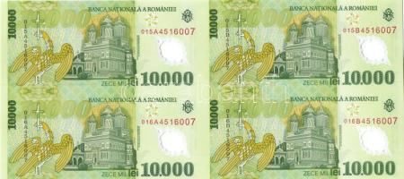 Románia 2001. 10.000L összefüggő vágatlan 4-es tömbben számozott(4814.) tanúsítvánnyal T:I csak 5000db! R!