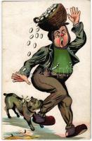 Man gets bitten by a dog, while carrying eggs on his head, humour. J.S. u. Co. M. Nr. 213. (EK)