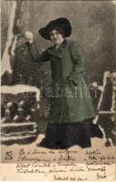1905 Lady throwing a snowball, winter. Serie Im Schnee (EK)