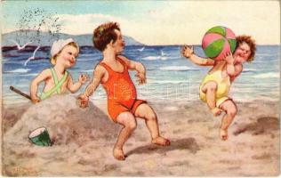 1938 Children playing at the beach, sand castle, seashore. Rokat 172. s: Arthur Thiele