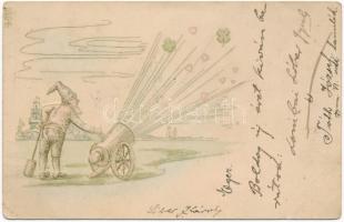1901 Dwarf with cannon. New Year greeting. No. 64. Emb. litho (wet damage)