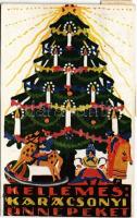 1924 Kellemes Karácsonyi Ünnepeket! / Christmas greeting card, Christmas tree with toys (EB)