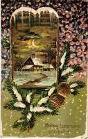 1907 Boldog Karácsonyi Ünnepeket! / Christmas greeting card, winter landscape. Emb. floral litho