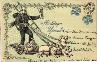 1902 Boldog Újévet! / New Year greeting art postcard, chimney sweeper rides a pig-drawn sled. Art Nouveau, Emb. litho (EK)