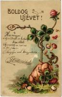 1903 Boldog Újévet! / New Year greeting card with pig, horseshoe, mushroom and clover. Emb. litho