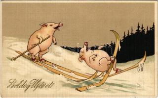 Boldog Újévet! / New Year greeting card with skiing pigs, winter sport, humour. Special B 3200. litho