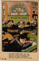 1914 Prosit Neujahr! / New Year greeting card, working late, workers asleep, humour. W. 825. (EK)
