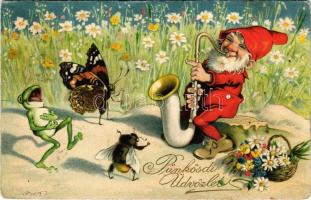 1931 Pünkösdi Üdvözlet szaxofonozó törpével / Pentecost greeting card with dwarf playing the saxophone and dancing frog. M.B. Nr. 3199. litho (EK)