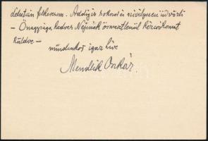 1933 Mendlik Oszkár (1871 - 1963) festőművész saját kézzel írt sorai kártyán