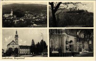 1937 Léka, Lockenhaus; látkép, templom, vár, templom belső. Franz Martin Kaufmann kiadása. Franz Mörtl felvétele / general view, church, castle, church interior