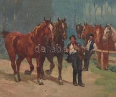 Krupka Ferenc (1870-1928): Lóvásár. Olaj, vászon, jelzett és datált (Krupka 1925), enyhén sérült. Dí...