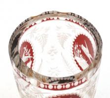 XIX. sz. vége: Rubinvörös és sárga, vadász serleg, madarak, szarvas ábrázolásával. Többrétegű, kézze...