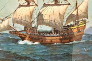 1957 Mayflower II. hajót ábrázoló nagyméretű nyomtatvány, National Geographic melléklete, hajtott, 6...