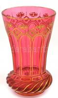 XIX. sz. vége: Rubinvörös üveg pohár. Formába fújt, kézzel festett, hibátlan, kis kopásokkal 14 cm / Handpainted antique glass. 14 cm