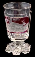 XIX. sz. vége: Vadász motívumos üveg pohár. Többrétegű, kézzel festett, kis lepattanásokkal 13 cm / Handpainted antique glass. 13 cm