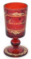 XIX. sz. vége: Rubinvörös üveg emlékpohár, kopott Andenken felirattal. Fújt, kézzel festett, hibátlan, kis kopásokkal 16 cm / Handpainted antique glass. 16 cm