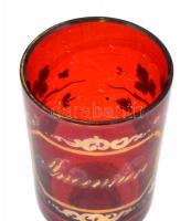 XIX. sz. vége: Rubinvörös üveg emlékpohár, kopott "Andenken" felirattal. Fújt, kézzel fest...