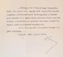 1940 Bp., Miniszteri kinevezés Dr. Hillebrand Jenőnek, kinevezésen Hóman Bálint (1885-1951) aláírásá...