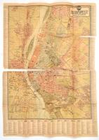 1911 Budapest és környékének legújabb térképe, Klein Vilmos Könyvnyomdája és Papíráruháza, erősen szakadt, 70×50 cm