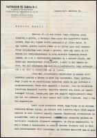 1945.III.21 ismeretlen személyes hangú levele Geleji Sándor (1898-1967), a csepeli Weiss Manfréd Acél- és Fémművek igazgatójának, Fattinger és Társa Rt. Albumin és Vérplazmagyár, Bp., IX., Vágóhíd u. 14-18 fejléces papírján. Röviden említi, hogy primitív viszonyok közt éltek, megszűnt az éhezés, a gyár háborús károkat nem szenvedett. 2 géppel írt oldal.