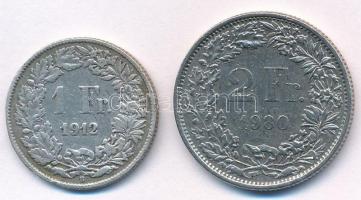 Svájc 1912. 1Fr Ag + 1980. 2Fr Cu-Ni T:2- Switzerland 1912. 1 Franc Ag + 1980. 2Fr Cu-Ni C:VF Krause KM#24, KM#21a