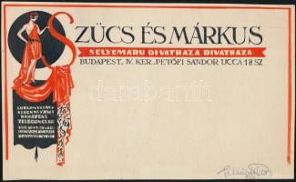 1927 Gönczi-Gebhardt Tibor (1902-1994): Szűcs és Márkus Selyemárú Divatháza számlaterv. Vegyes technika, papír, jelzett, 14×23 cm