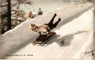 1907 Tobogganrennen in St. Moritz. / winter sport in Sankt Moritz, ice skeleton racing toboggan track, sliding, sled. Raphael Tuck & Sons Oilette Postcard Serie Wintersport (EK)