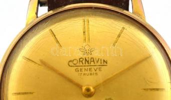 Svájci Cornavin Antimagnetic mechanikus, aranyozott számlapos karóra, bőr szíjjal, másodperc mutatóv...