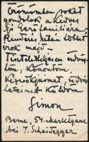 1921 Simon János György (1894 - 1968) festőművész autográf levele Gerő Ödön művészeti írónak Bernből...