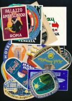 22 db bőröndcímke és matrica (Malév, Hotel Aranybika, SZOT, jugoszláv, egyiptomi és más külföldi címkék)