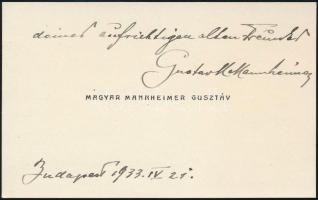 1933 Magyar Mannheimer Gusztáv (1859 - 1937) festőművész saját kezű üdvözlő sorai névjegykártyáján n...