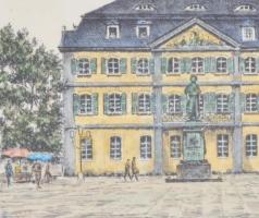 Olvashatatlan jelzéssel: Bonn Münsterplatz. Színezett rézkarc, papír, jelzett, üvegezett keretben, 1...