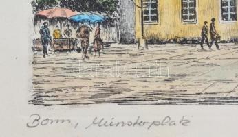 Olvashatatlan jelzéssel: Bonn Münsterplatz. Színezett rézkarc, papír, jelzett, üvegezett keretben, 1...