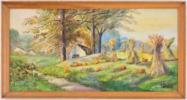 Sztelek jelzéssel: Szénabálák. Olaj, karton, kereten, 24×49 cm