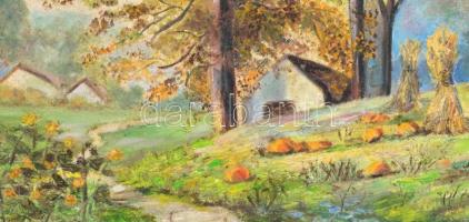 Sztelek jelzéssel: Szénabálák. Olaj, karton, kereten, 24×49 cm