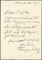 1931 Fényes Adolf (1867-1945) festőművész autográf levele Gerő Ödön kritikus lányának, Zsófiának Szolnokról, melyben gratulál hazásságához.