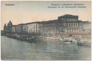 1914 Budapest V. Duna-part a Tudományos Akadémiával, rakpart, uszályok (ázott / wet damage)