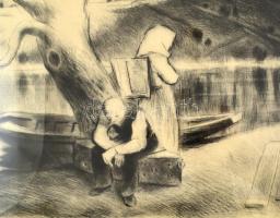 Szőnyi István (1894-1960): Öreg halász. Rézkarc, papír, jelzett, üvegezett keretben, 29,5×38,5 cm