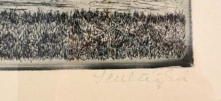 Scultéty Éva (1917-2001): Királyfürdő (8/100). Rézkarc, papír, jelzett, üvegezett keretben, 28×24 cm