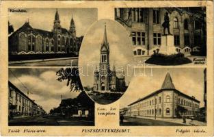 1943 Budapest XX. Pestszenterzsébet, Pesterzsébet, Erzsébetfalva; Városháza, Török Flóris utca, Római katolikus templom, Kossuth Lajos szobor, Polgári iskola (EB)