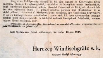 1848. november 13. Windischgrätz tábornok magyar nyelvű hirdetménye a magyarországi lakosokhoz szól ...